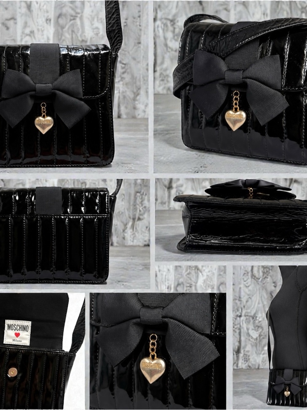 Vintage Moschino Black Patent Leather Bow Shoulder Bag Heart Charm Y2K Coquette